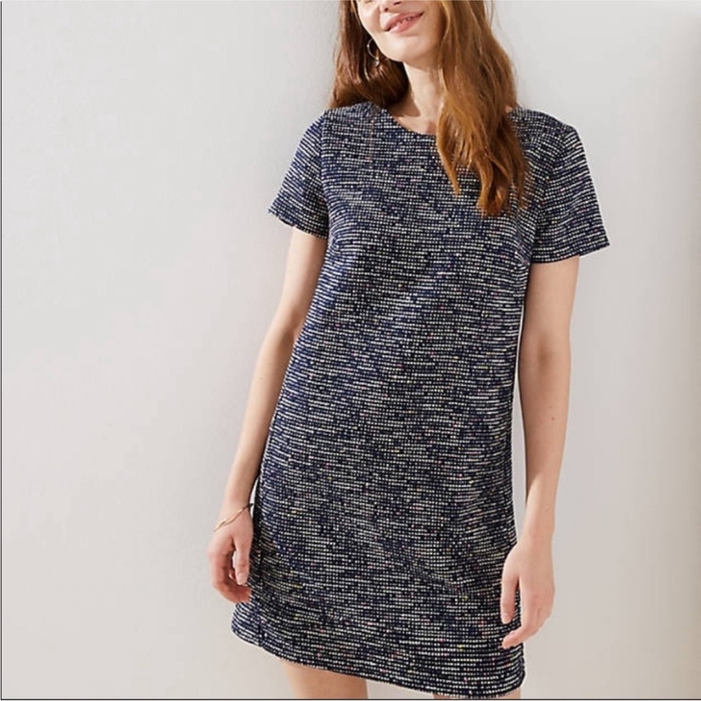 LOFT Rainbow Boucle Dress Navy Blue Shift Dress Tweed Size 10 NWT